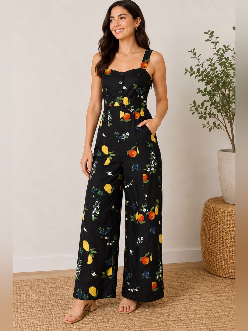 Capulet Size L Black Fruit Floral Wide Leg Jumpsuit Side Zip Button Front
